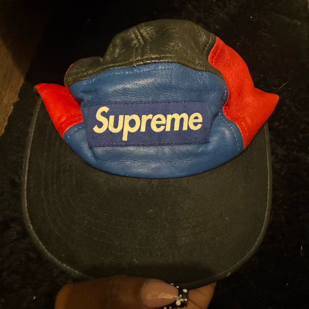 Supreme Black, Red, and Blue Leather Cap
